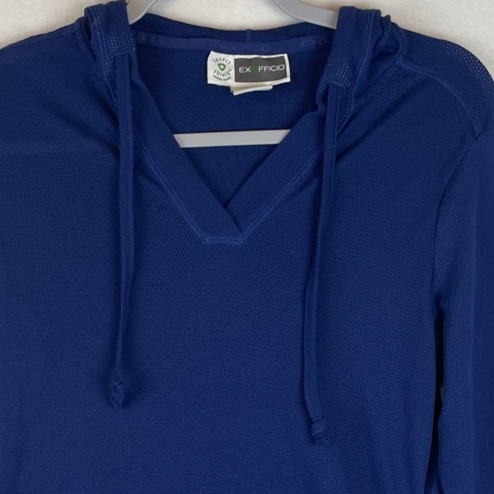 ExOfficio Womens Insect Shield Hoodie Blue Long Sleeve V-Neck Mesh Top Sz M 8-10 - Picture 8 of 8